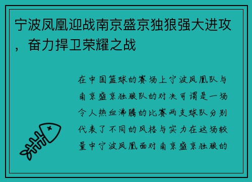 宁波凤凰迎战南京盛京独狼强大进攻，奋力捍卫荣耀之战