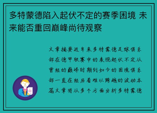 多特蒙德陷入起伏不定的赛季困境 未来能否重回巅峰尚待观察