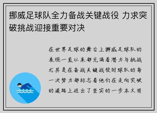 挪威足球队全力备战关键战役 力求突破挑战迎接重要对决