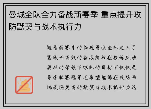 曼城全队全力备战新赛季 重点提升攻防默契与战术执行力