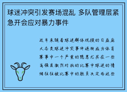 球迷冲突引发赛场混乱 多队管理层紧急开会应对暴力事件